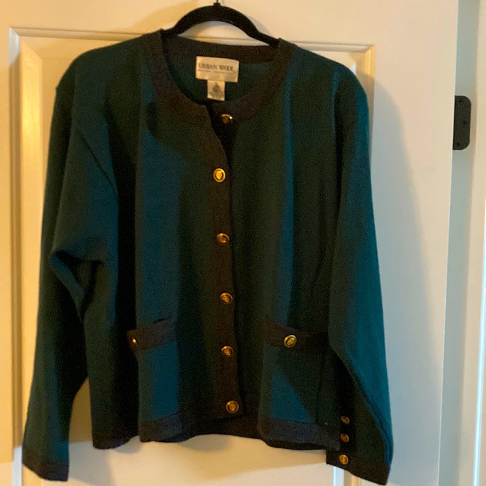 Urban Wool women’s sweater merino wool cardigan sz Xl hunter green w/grey trim